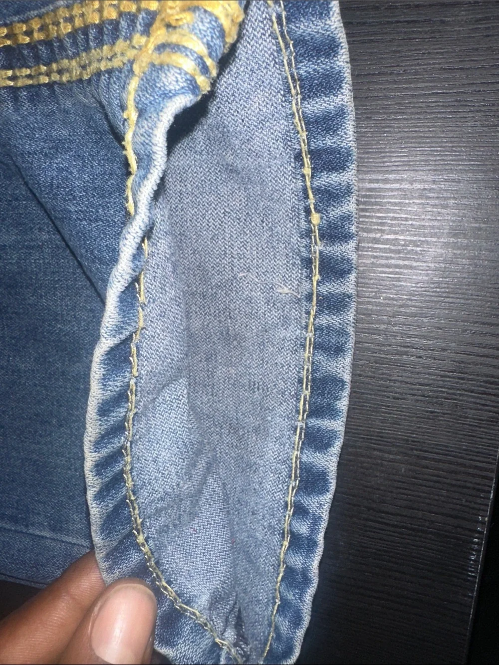True Religion Men's Blue Jeans with Yellow Contrast Stitching